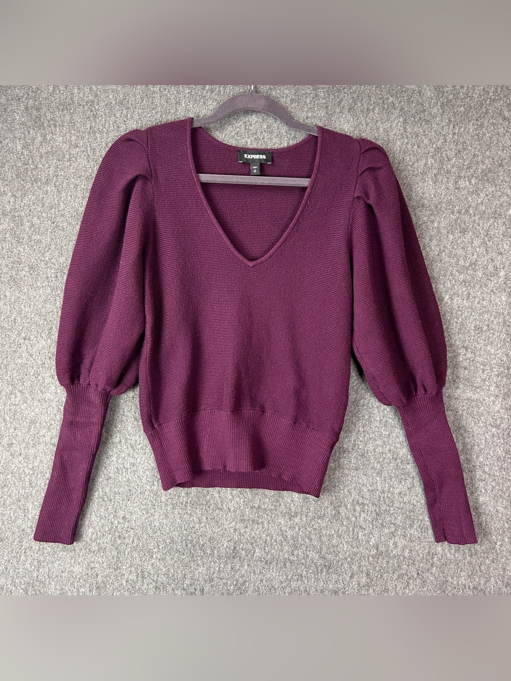 Express Sweater Womens Small Purple V-Neck Puff Long Sleeve Ribbed Knit